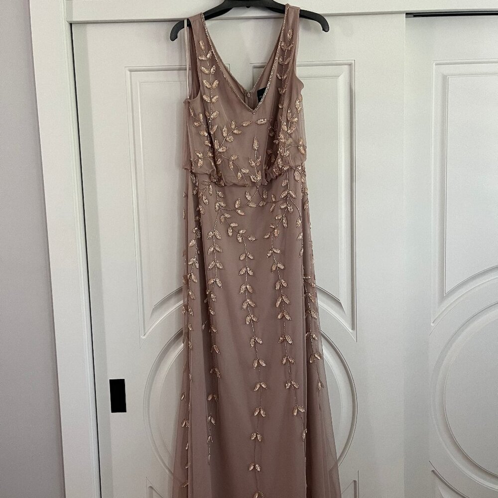 ADRIANNA PAPELL HAND BEADED LONG BLOUSON MERMAID GOWN IN STEEL ROSE